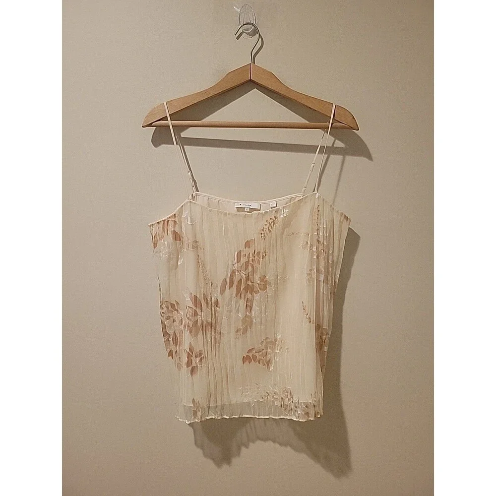 Vince Top Burnout Camisole In Peach Cream Pleated Coquette Modern Floral L - Picture 2 of 7